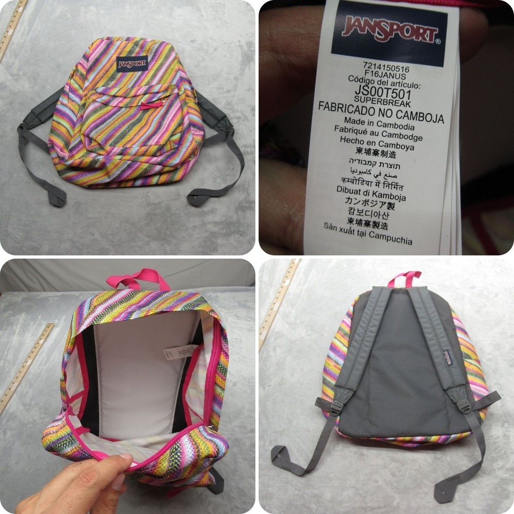 JanSport Backpack Female Pink Colorful Superbreak Striped Pockets School Travel